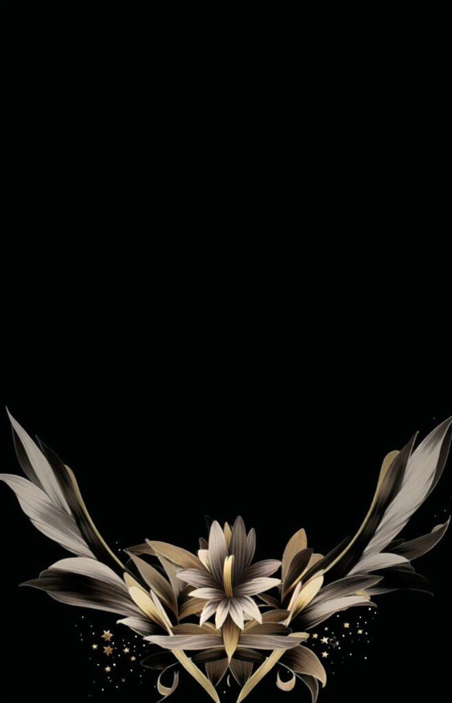 「ゴージャス・エレガント」な命名書テンプレート03の元画像（黒背景、花柄の枠、花びら、羽）