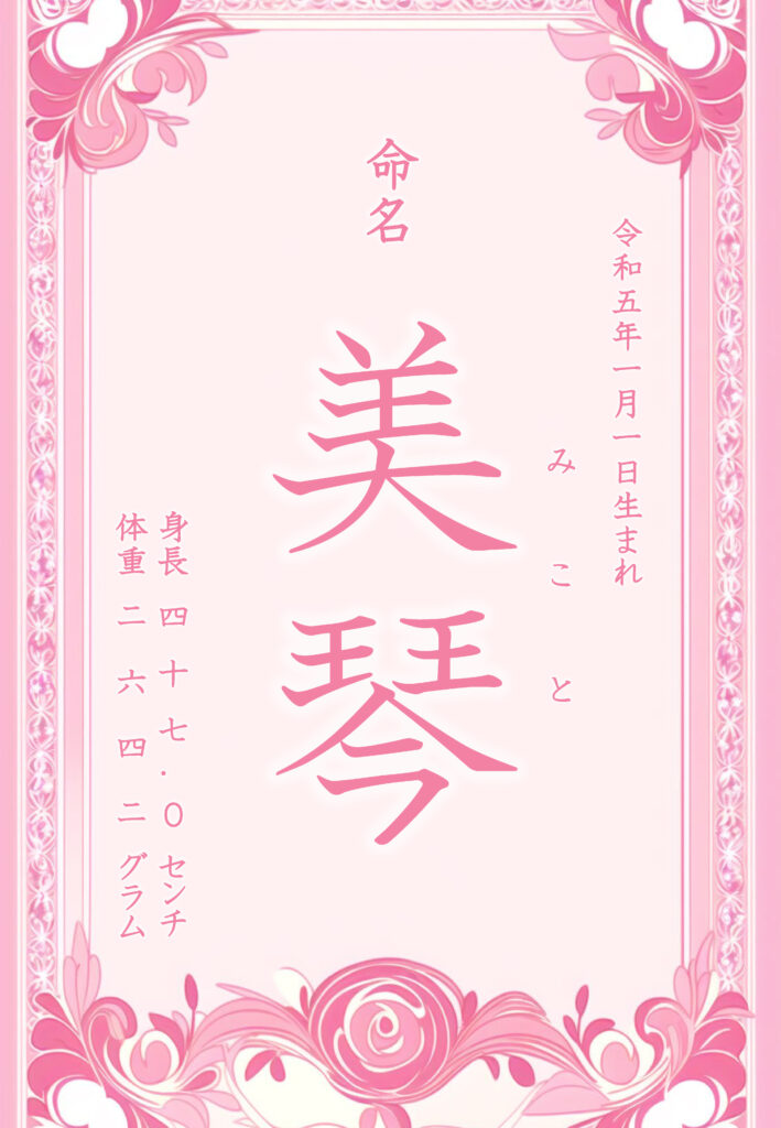 「ゴージャス・エレガント」な命名書テンプレート11の見本画像（ピンク、かわいい、花柄、フリフリ、フリル）